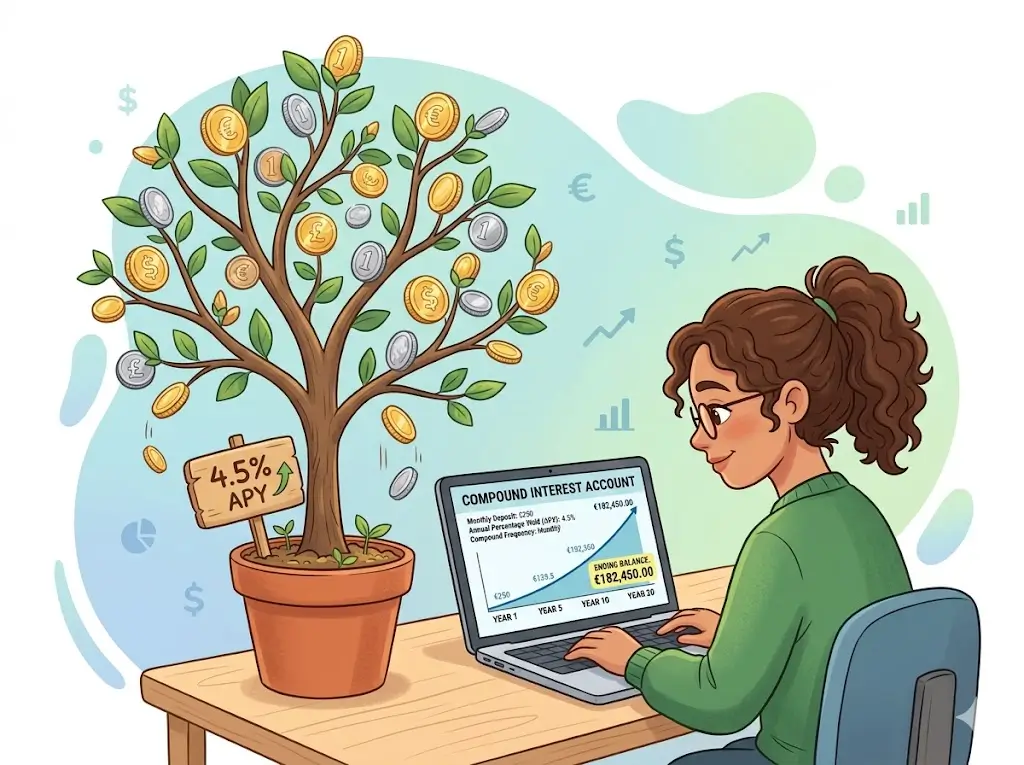 A colorful digital illustration of a person sitting at a laptop displaying a bank account with compound interest. Beside them is a growing tree with coins as leaves and a small sign reading “APY.” Soft pastel blue and green background, friendly and informative visual.

