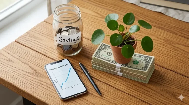 A colorful digital illustration of a person sitting at a laptop displaying a bank account with compound interest. Beside them is a growing tree with coins as leaves and a small sign reading “APY.” Soft pastel blue and green background, friendly and informative visual.
