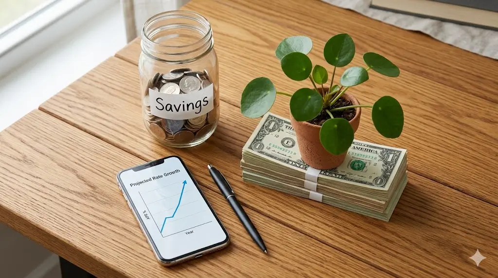 A colorful digital illustration of a person sitting at a laptop displaying a bank account with compound interest. Beside them is a growing tree with coins as leaves and a small sign reading “APY.” Soft pastel blue and green background, friendly and informative visual.