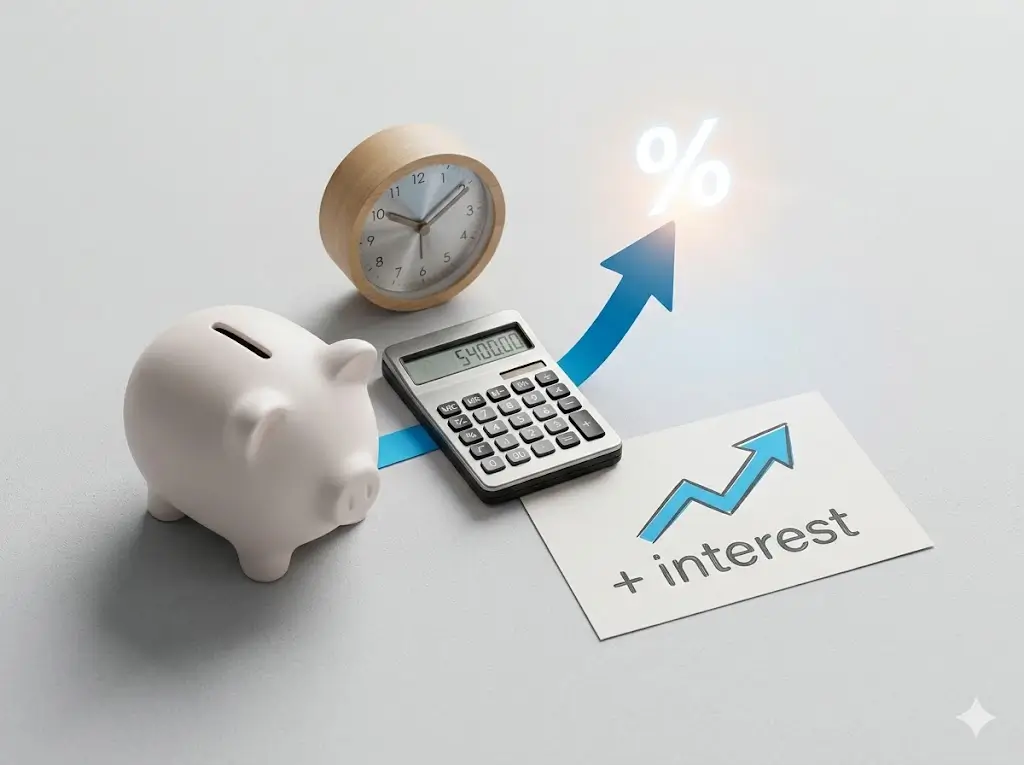 A colorful digital illustration of a person sitting at a laptop displaying a bank account with compound interest. Beside them is a growing tree with coins as leaves and a small sign reading “APY.” Soft pastel blue and green background, friendly and informative visual.

